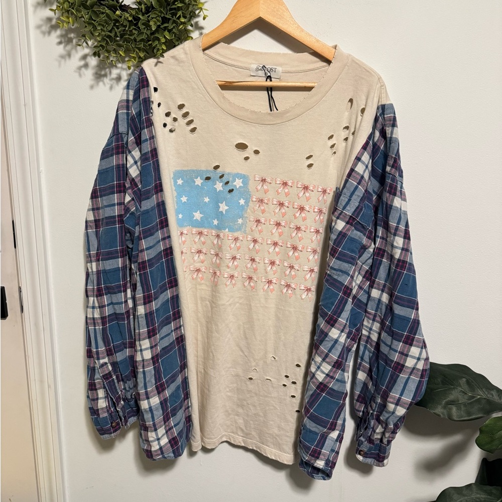 Reworked Distressed American Flag Tee with Flannel Sleeves